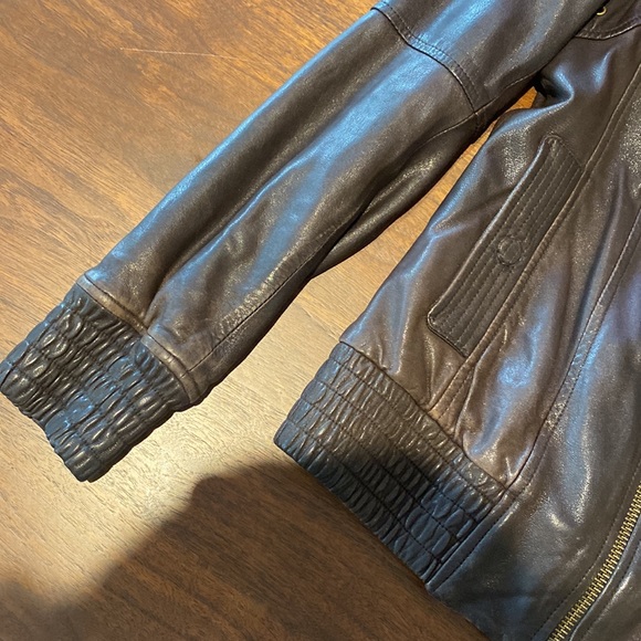 Mackage Leather Bomber Jacket Chocolate Brown with Hidden Hood Size Small - Picture 3 of 4